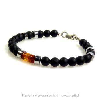 Nowoczesna męska bransoletka z bursztynem, onyksu i srebra – elegancki styl