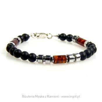 Bransoletka z bursztynem na prezent dla mężczyzny – onyks, bursztyn i srebro