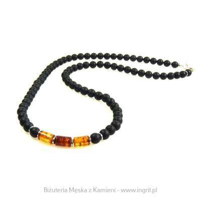 Naszyjnik z bursztynem na prezent dla mężczyzny – onyks i bursztyn koniakowy