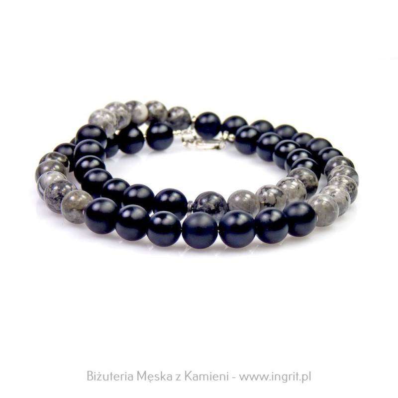 Naszyjnik męski z kamieni jaspisu szarego i onyksu