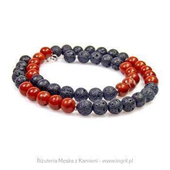 Naszyjnik męski czerwony jaspis i lawa wulkaniczna