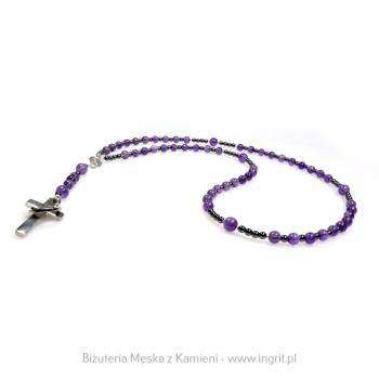 Piękny męski różaniec z naturalnego ametystu i hematytu