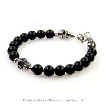 Bransoletka męska z  kamieni onyksu  ozdobiona  czaszkami