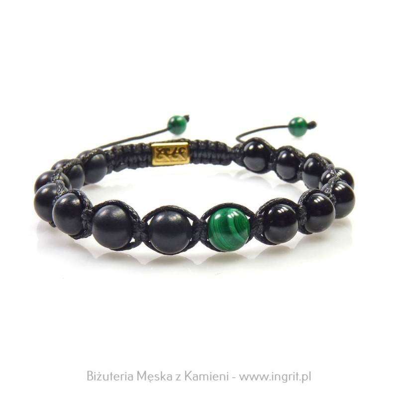 Bransoletka męska z szungitu, turmalinu i malachitu – zbliżenie kamieni